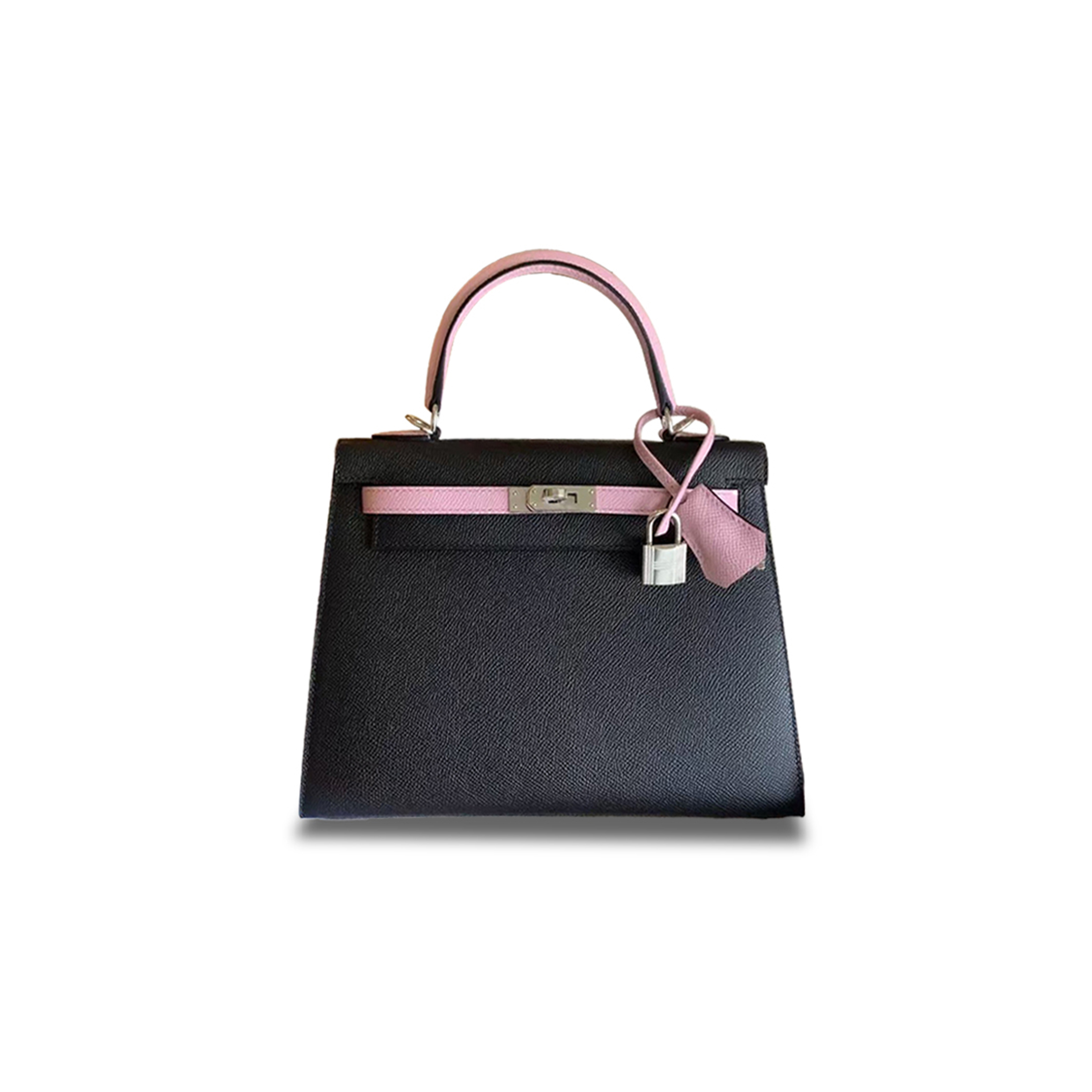 HERMÈS KELLY 25 EPSOM BLACK WITH MALLOW PURPLE SILVER BUCKLE (25*17*7cm)